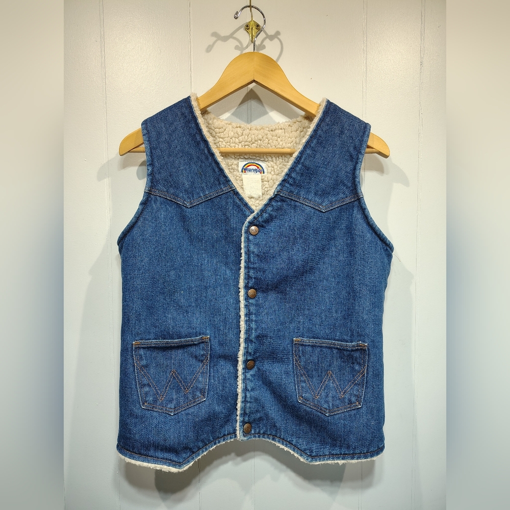 Vintage‎ 1970s Wrangler Sherpa Lined Denim Vest XL Rainbow Tag Western Snap